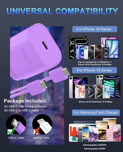 Phone 16 15 Charger,30W USB C Fast Charger Block & 10FT Long C to C Fast Charging Cable Cord for Phone 16 15/16 15 Pro Max/ 16 15 Plus/ 15 Mini,Pro 12.9/11 inch,10th Gen,Samsung Galaxy S24Ultra,Purple