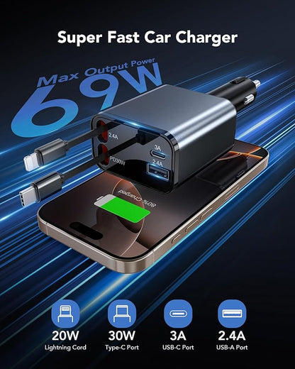 69W Retractable Car Charger, 4-in-1 Fast Car Phone Charger with 2.6ft Two Retractable Cables and USB C+USB A Car Charging Block Cube, Compatible with iPhone 16 15 14 13 12 Pro Max Plus,Galaxy,Pixel