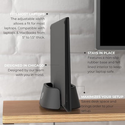 HumanCentric Vertical Laptop Stand in Black Aluminum, Upright Adjustable Holder and Dock, Laptop Vertical Stand Fits MacBook Pro and Other Laptops .5" to 1.5", Clamshell Compatible