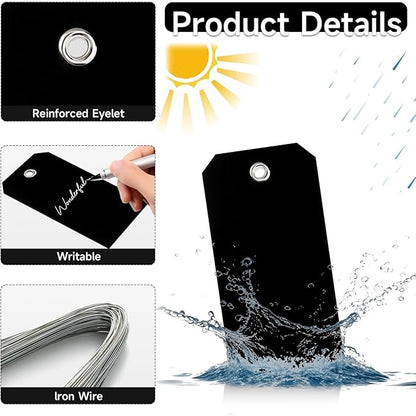 100 Pcs Waterproof Hanging Price Tags with String Attached - Black, 4 3/4" x 2 3/8" for Retail, Engraving, Gift, Equipment, Garage, Shelf Parts