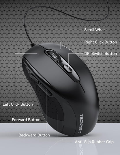 TECKNET Wired Mouse, USB Wired Computer Mice, 3600DPI 4 Adjustable Levels, 6-Button Ergonomic Mouse for Laptop PC Desktop Notebook - Black