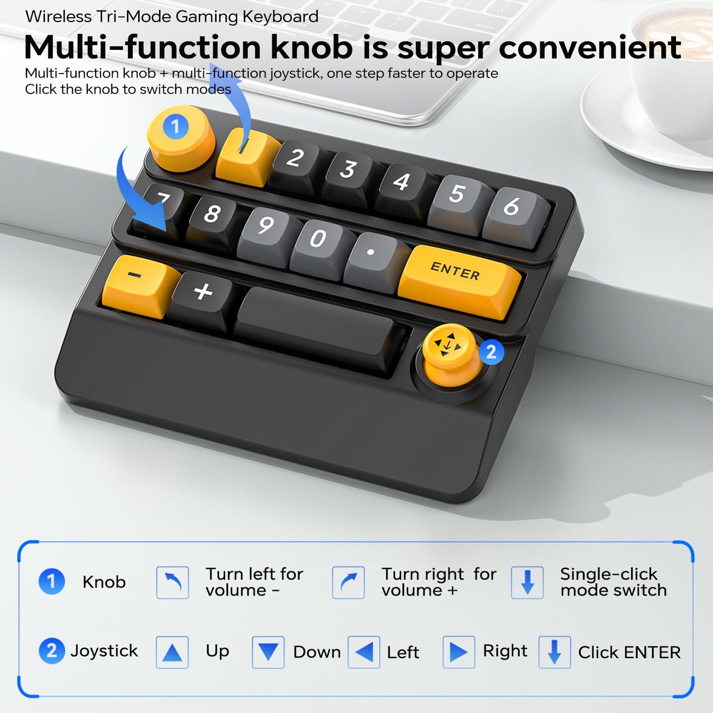 Adventurers W909 Wireless RGB Mechanical Numeric Keypad, Hot-Swappable, Macro-Programmable Numpad, Joystick & Knob Control for PC/Tablet/Laptop/Phone, Tri-Mode Connectivity (Yellow on Black)