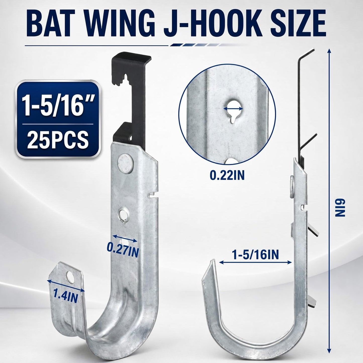Zonon 25 Pcs J Hooks for Hanging Metal J Hook Hangers Cable Support with Bat Wing Heavy Duty G60 Galvanized Steel Cable Hooks for Attaching Ceiling Wire Threaded Rod (1-5/16 Inch)