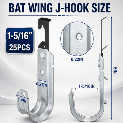 Zonon 25 Pcs J Hooks for Hanging Metal J Hook Hangers Cable Support with Bat Wing Heavy Duty G60 Galvanized Steel Cable Hooks for Attaching Ceiling Wire Threaded Rod (1-5/16 Inch)