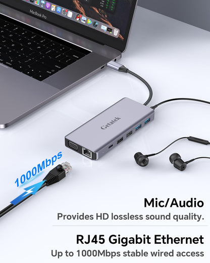 Getatek13-in-1 Docking Station with 4K HDMI,VGA,Ethernet,USB A 3.0 Data Port and USB C 5Gbps Port,100W PD Charging,SD/TF/MS Card Reader and 3.5MM Audior for MacBook, Acer, Laptops, Surface and More