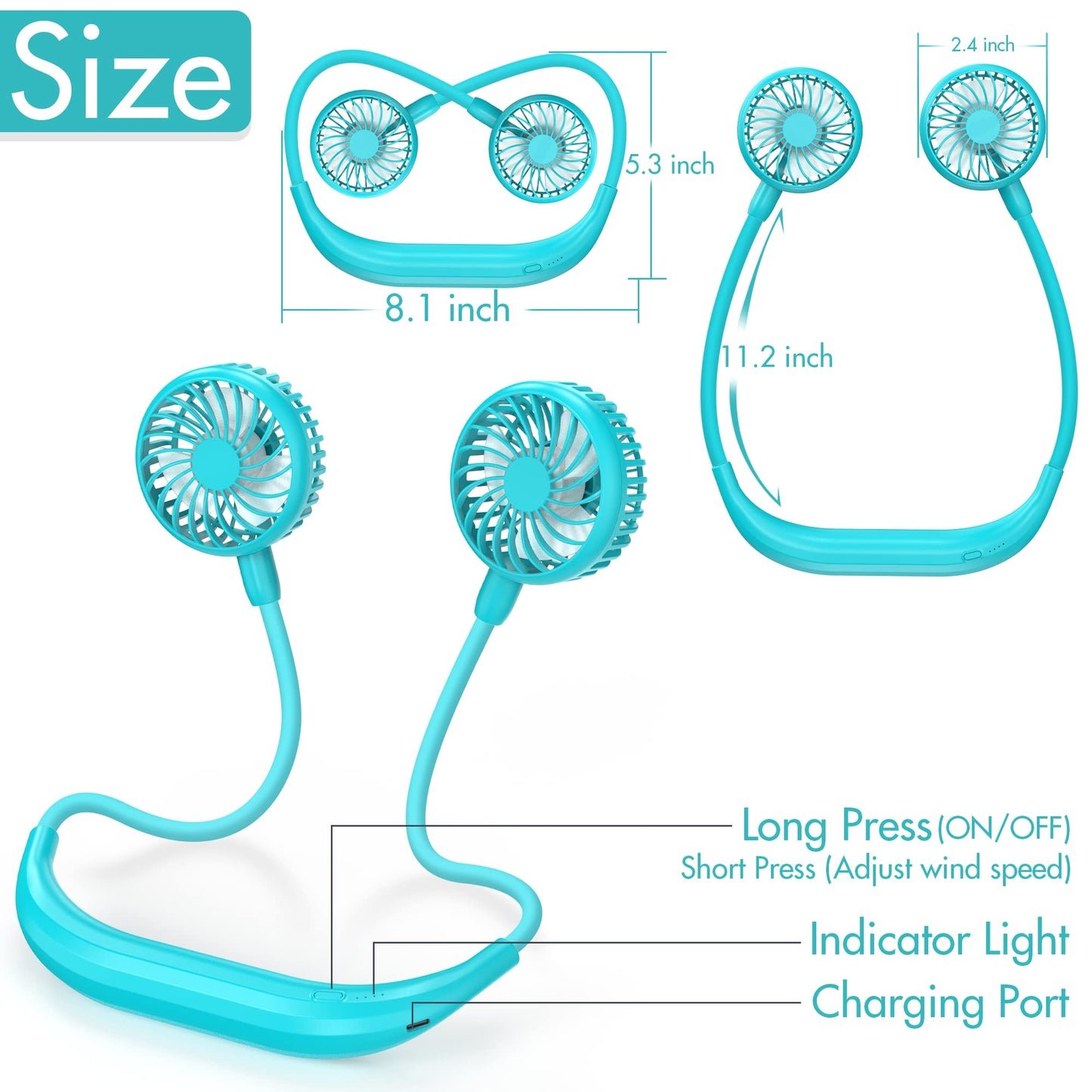 Portable Neck Fan, 2600mAh Battery Operated Sport Fan Ultra Quiet Hands Free USB Fan with 3 Speeds, Strong Wind, 360° Adjustable High Flexibility Wearable Personal Fan for Office Outdoor Travel (Cyan)