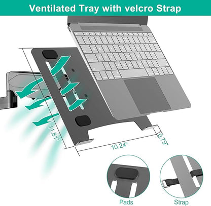 Laptop Wall Mount, 2-in-1 Gas Spring Wall Holder with Vented Tray for 12"-17" Notebook/13-32 Computer Screen, Full Motion Adjustable Wall Mount Laptop Stand Holds 3.3-17.6lbs