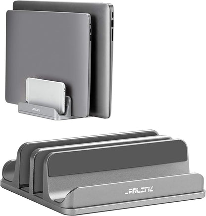 JARLINK 4-in-1 Adjustable Vertical Laptop Stand Holder, Aluminum Dual Slots Laptop Rack for Desk, Space-Saving Organizer Compatible with All MacBook, Surface, Chromebook, and Gaming Laptops (Grey)