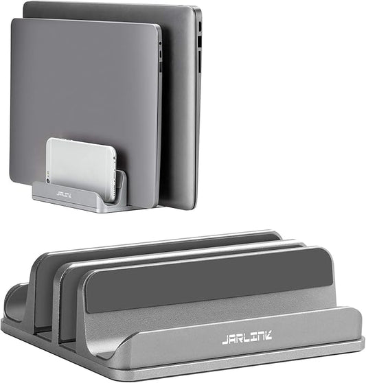 JARLINK 4-in-1 Adjustable Vertical Laptop Stand Holder, Aluminum Dual Slots Laptop Rack for Desk, Space-Saving Organizer Compatible with All MacBook, Surface, Chromebook, and Gaming Laptops (Grey)