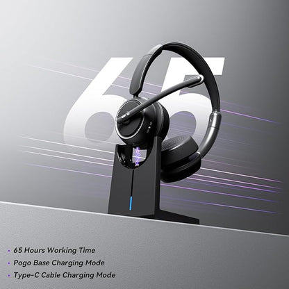Wireless Headset with Mic for Work, Bluetooth Headset with Mic (AI Noise Canceling & Mic Mute), Wireless Headphones with USB Dongle & Charging Base for Work/Home/Call Center/PC/Computer/Zoom/Teams