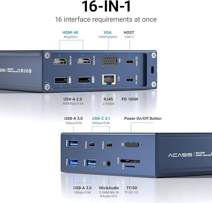 ACASIS USB C Docking Station Dual Monitor, 16-in-1 Laptpop Docking Station with 2* HDMI,VGA,2.5G Ethernet,SD/TF,10Gbps USB-C 3.1,3.5mm Audio,PD100W,USBC Hub for MacBook/Dell/Lenovo/HP/ThinkPad (Gray)