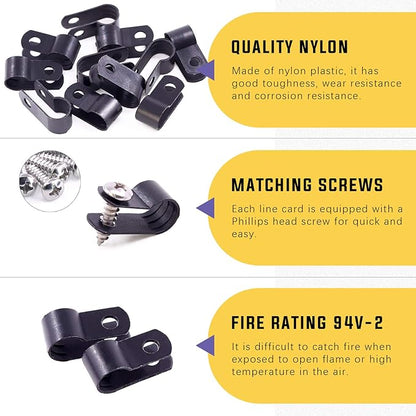 Swpeet 120 Pack Black 5/16 Inch Nylon Plastic R-Type Cable Clips Clamp Kit, Nylon Screw Mounting Cord Fastener Clips with 60 Pack Screws for Wire Management (5/16 Inch, Black)