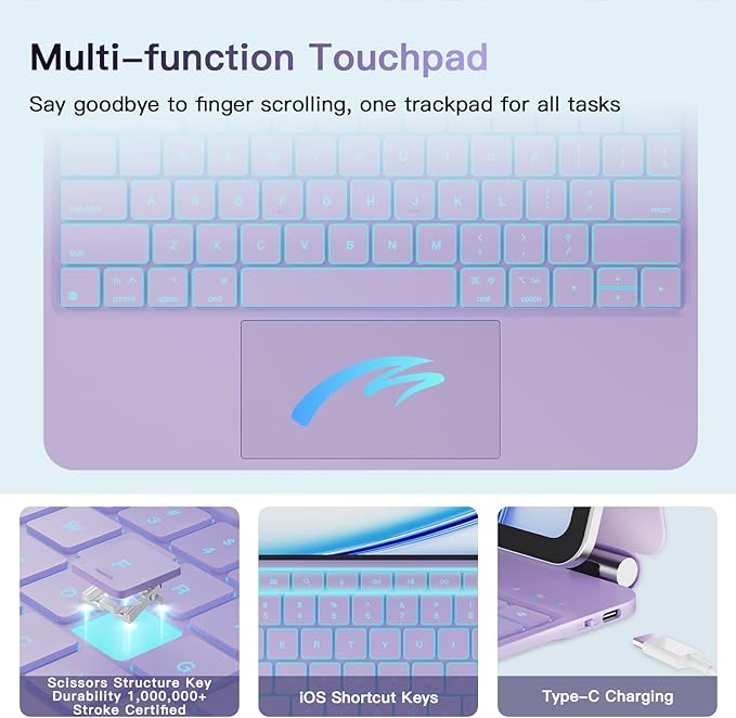 RAYMCRAFT for iPad Air 13-inch Case with Keyboard (M4/M3/M2, 2026/2025/2024) & iPad Pro 12.9 (6th/5th/4th/3rd) Magic Keyboard, 11-Color Backlight, Multi-Touch Trackpad with Safe Pencil Buckle, Purple