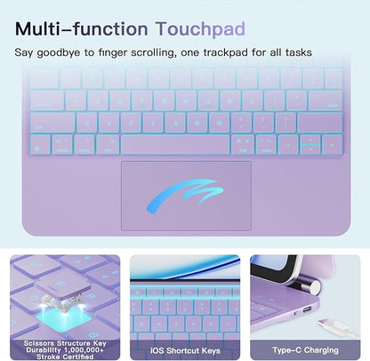 RAYMCRAFT for iPad Air 13-inch Case with Keyboard (M4/M3/M2, 2026/2025/2024) & iPad Pro 12.9 (6th/5th/4th/3rd) Magic Keyboard, 11-Color Backlight, Multi-Touch Trackpad with Safe Pencil Buckle, Purple
