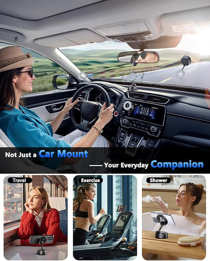 Vacuum Magnetic Car Phone Holder for Magsafe [89+LBS Suction & 3200gf Magnetic] 360° Adjustable Ultra Suction Cup Phone Holders for Your Car/Gym/Mirror, Car Mount for iPhone & Android (Black)