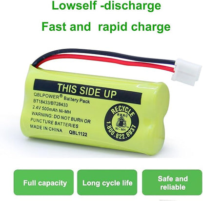 BT18433 BT28433 2.4v 500mAh Ni-Mh Phone Battery Rechargeable Compatible with AT&T Vtech BT-8300 BATT-6010 BT184342 BT284342 BT1011 BT1018 BT1022 BT1031 89-1326-00-00 CPH-515D(8 Pack)