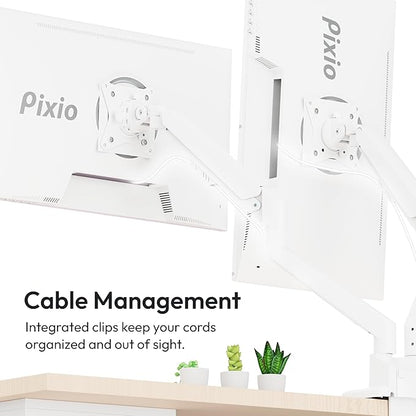 Pixio PS1D Wave White Dual Monitor Arm Stand Desk Mount - Fits up to 32 inches Monitors and up to 19.8lbs. VESA Compatibility and Integrated Cable Management