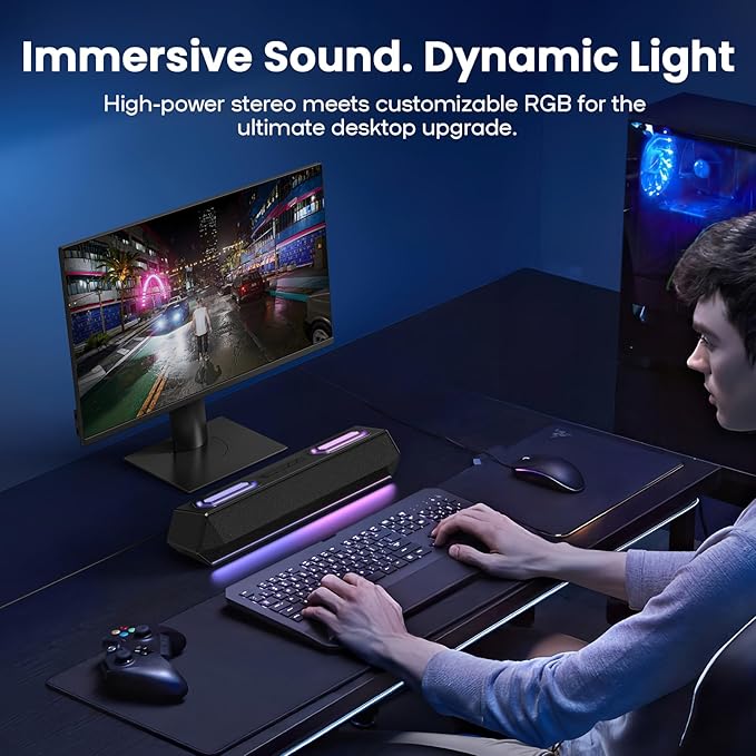 Deeyaple Computer Speakers, 40W Wireless Soundbar for Desktop PC with Bluetooth 5.3 & USB Audio, Dynamic RGB Lighting, Software Custom EQ, External Power Adapter Gaming Speakers, Laptop, Xbox (Black)