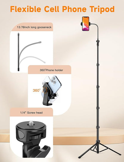 Phone Tripod, 86" Tall Tripod for iPhone with Flexible Gooseneck & Remote, Portable Aluminum Cellphone Stand for Selfies, Video Recording,Travel, Compatible with iPhone Android