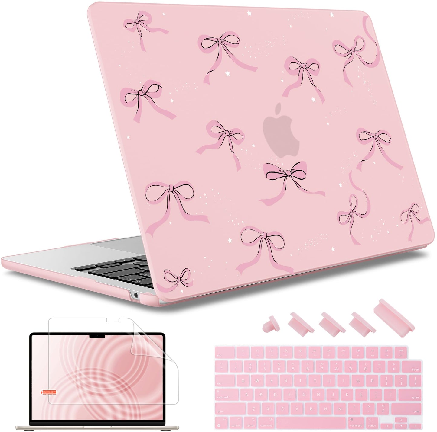 May Chen Case for MacBook Air 13/13.6 inch M5 A3449 M4 A3240 M3 A3113 M2 A2681, 2026 2025 2024-2022, Plastic Hard Shell with Keyboard Cover & Screec Protector, Chalk Pink Bow