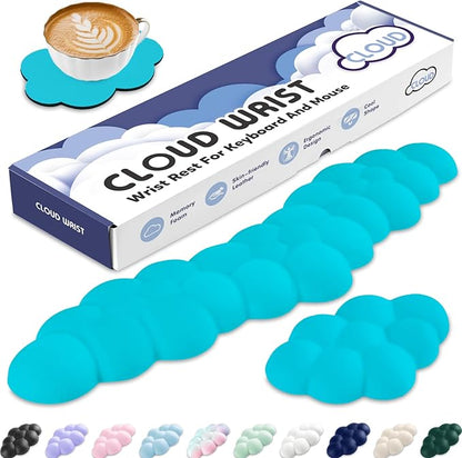 Cloud Wrist Rest for Keyboard and Mouse, Memory Foam PU Leather Keyboard Wrist Rest with Ergonomic Support, Non-Slip Base, Cute Arm Rest Pad & Palm Cushion, Office Desk Accessory, Scuba Blue