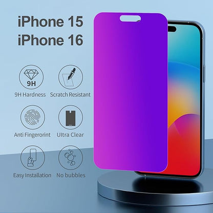 Compatible for iPhone 15/iPhone 16 Privacy Screen Protector Tempered Glass 6.1 Inch, Purple Gradient Anti Spy Anti Blue Light HD Easy Installation