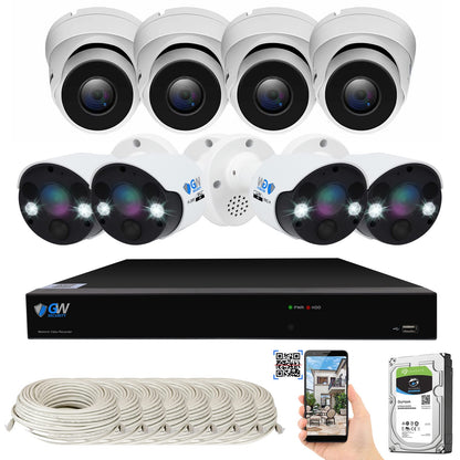 GW 8 Channel 4K NVR 8MP 4K AI Smart Home Security Camera System, (4) Dome and (4) Bullet Built-in Microphone Audio Recording HD 2160P IP PoE Cameras, Face Recognition/Human/Vehicle Detection