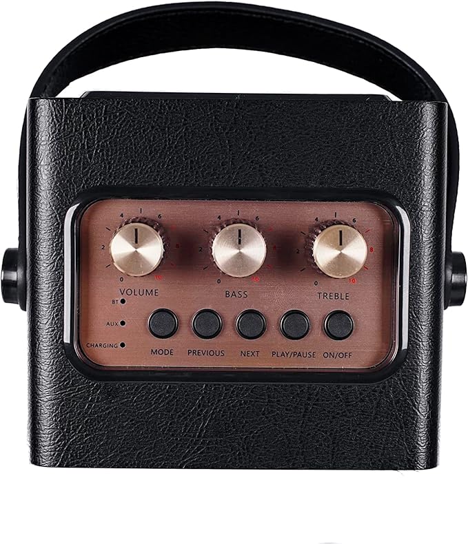 Fuse Andle Vintage Retro Bluetooth Speaker with Vegan Leather Handle | Portable Speaker with Smartphone Connection | USB & AUX Input | Stylish Black Wood Exterior