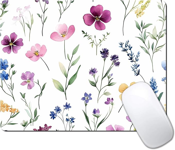 Watercolor Flower Wildflowers Floral Custom Mouse Pad with Non-Slip Rubber, Small Square Design for Wireless Laptop & Computer Mouse Pads for Desk, 9.5 x 7.9 inch Smooth Surface for Gaming & Office