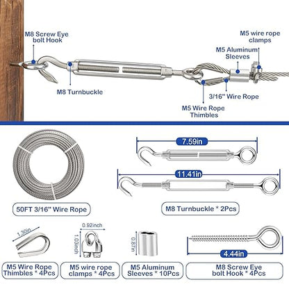 TooTaci 3/16 Wire Rope Kit with M8 Turnbuckles for Cables Wire, 50ft Stainless Steel Cable, Clamps and Thimbles, 7x19 Strands Heavy Duty Aircraft Cable for Zipline, Deck Railing, Shade Sail