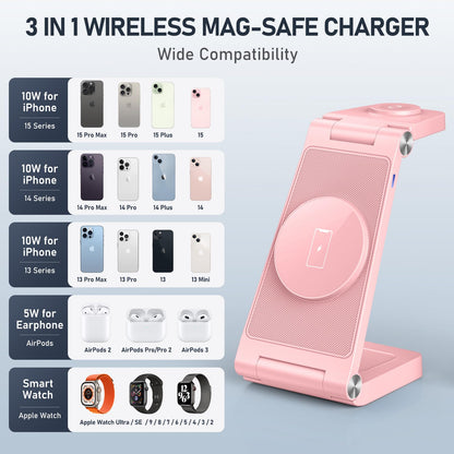 GEJIUCAI Magnetic Wireless Charger Stand, 3 in 1 Foldable Wireless Charging Station, Travel Charger for Multiple Devices for iPhone 16 15 14 13 12 Series, Apple Watch Ultra/SE/9/8/7/6/5/4/3/2, AirPods