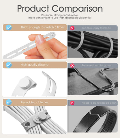 Nearockle 20Pcs Reusable Cable Ties, Adjustable Cord Organizer, 5 in-White