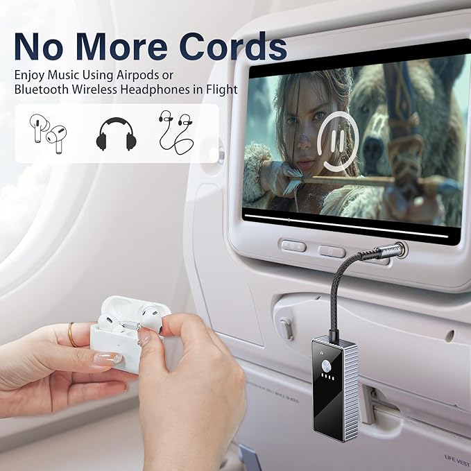 Xumee Airplane Bluetooth 5.2 Transmitter for 2 AirPods or Headphones, aptX Low Latency, 3.5mm AUX Jack & Bluetooth Receiver – Wireless Audio Adapter for Plane Travel, TV, Gym,Car,Speakers (Grey)