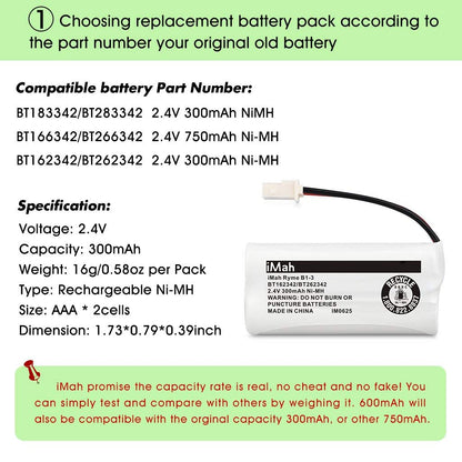iMah BT162342 BT262342 Cordless Phone Batteries Compatible with BT183342 BT283342 BT166342 BT266342 VTech CS6114 CS6419 CS6719 AT&T EL52300 CL80111 Handset Telephone (Pack of 2)