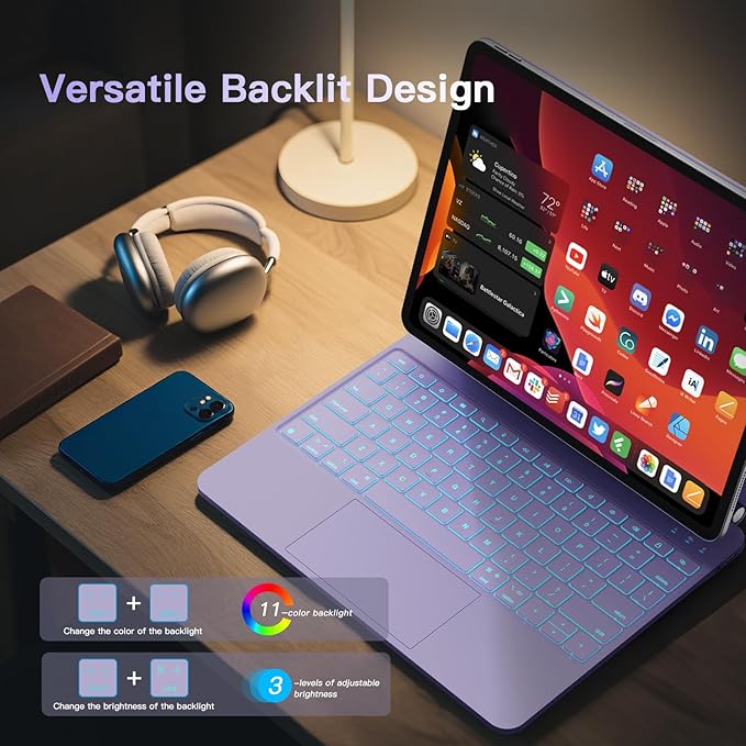 RAYMCRAFT for iPad Air 13-inch Case with Keyboard (M4/M3/M2, 2026/2025/2024) & iPad Pro 12.9 (6th/5th/4th/3rd) Magic Keyboard, 11-Color Backlight, Multi-Touch Trackpad with Safe Pencil Buckle, Purple