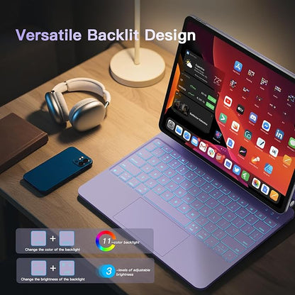 RAYMCRAFT for iPad Air 13-inch Case with Keyboard (M4/M3/M2, 2026/2025/2024) & iPad Pro 12.9 (6th/5th/4th/3rd) Magic Keyboard, 11-Color Backlight, Multi-Touch Trackpad with Safe Pencil Buckle, Purple