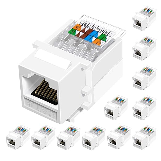 NataLink Cat6 RJ45 Keystone Jacks Toolless 12-Pack, Female RJ45 Connectors, Ethernet Keystone Jack No Punch-Down Tool Required Module Coupler (Not for Patch Panel),White