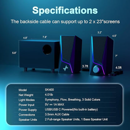 Nylavee Computer Speakers with Subwoofer, 2.1 Hi-Fi PC Speakers System with 6 Lighting Modes, Enhanced Bass, Plug and Play, USB/USB-C Powered and 3.5mm Aux in for Desktop, Monitor, Laptop, Tablet
