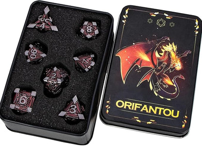 7PCS Metal DND Dice Set with Box, Debris RPG Red D and D Dice for use with D&D Tabletop Games Role Playing Game Polyhedral Dice Set D20 D12 D10 D8 D6 D4