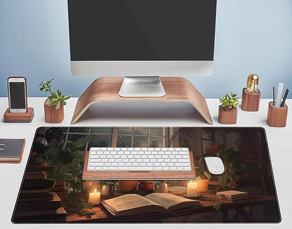 Cute Book Lover Desk Mat Dark Academia Mouse pad XXL Large Extended Mousepad Gaming Desk Pad with Stitched Edges, Cozy Lofi Deskmat Laptop Computer Keyboard and Mouse Mat Decor Pad, 31.5x15.7 in
