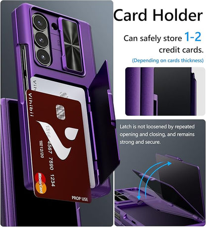 Vihibii for Samsung Galaxy Z Fold 6 Case with Card Holder & Camera Protective Cover & Hinge Protection & Front Screen Protector, Full Body Sturdy Wallet Case for Samsung Galaxy Z Fold 6, Dark Purple