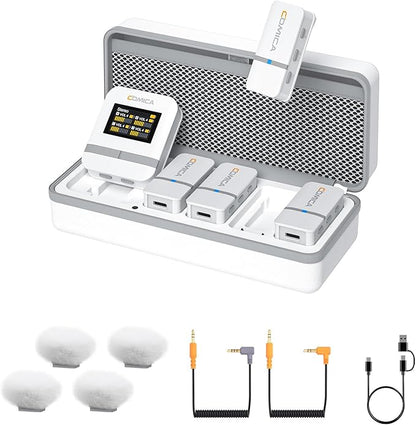 COMICA Vimo Q 4 Channel Wireless Lavalier Microphone System with Noise Cancellation, 4 Audio Tracks Output, 656ft Range, Wireless Mic for DSLR Camera, iPhone, Android,Recording Livestream(White)