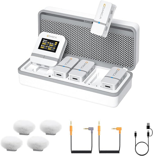 COMICA Vimo Q 4 Channel Wireless Lavalier Microphone System with Noise Cancellation, 4 Audio Tracks Output, 656ft Range, Wireless Mic for DSLR Camera, iPhone, Android,Recording Livestream(White)