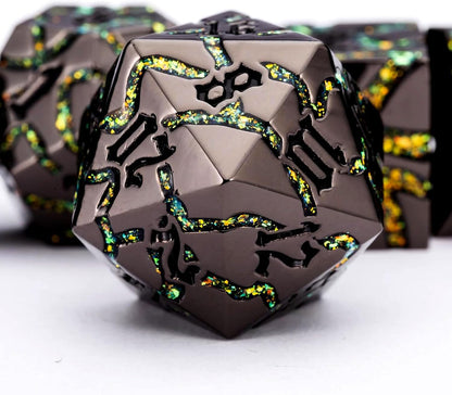 Maywin Cracked Rune Metal Dice Set for DND & RPG – Dark Fantasy Fractured Design, Premium Heavy Metal Polyhedral Dice with Deep Engraved Numbers, 7-Piece Set – Green Mystic Vein