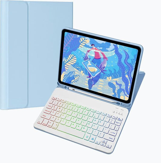 Keyboard Case for Galaxy Tab A8 10.5 Inch 2022, Slim Lightweight 7 Color Rainbow Backlight Detachable Magnetic Keyboard Cover with S Pen Holder,Sky Blue