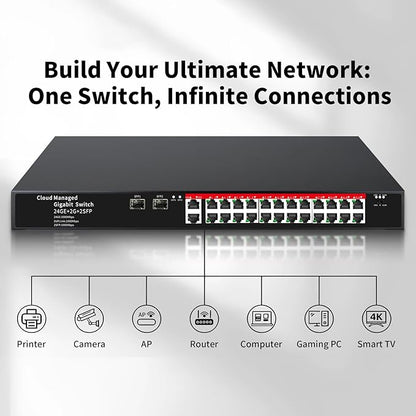 STEAMEMO 26-Port Gigabit Ethernet Switch | Smart Managed with 2 SFP Slots | QoS & VLAN Support | Rackmount/Desktop Metal Network Switch | Plug & Play Setup(Includes Power Adapter)