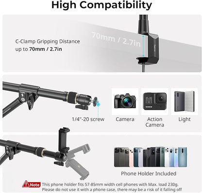 SMALLRIG Triangle Camera Desk Mount, Max. Load 3kg/ 6.6lbs, Overhead Mount with Auxiliary Support Rod, with Phone Holder and Small Ball Head for Camera/Phone/Light/Webcam