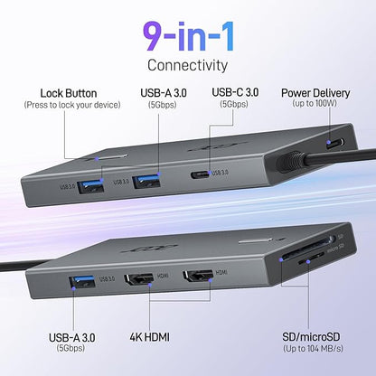 Acer USB C Docking Station Dual Monitor With 2 HDMI, 9-IN-1 Laptop Docking Station with 4K HDMI, USB A&C 3.0, SD/Micro SD, 100W PD Charging, USB C Dock Compatible with Acer/Dell XPS/HP/Mac/Surface etc