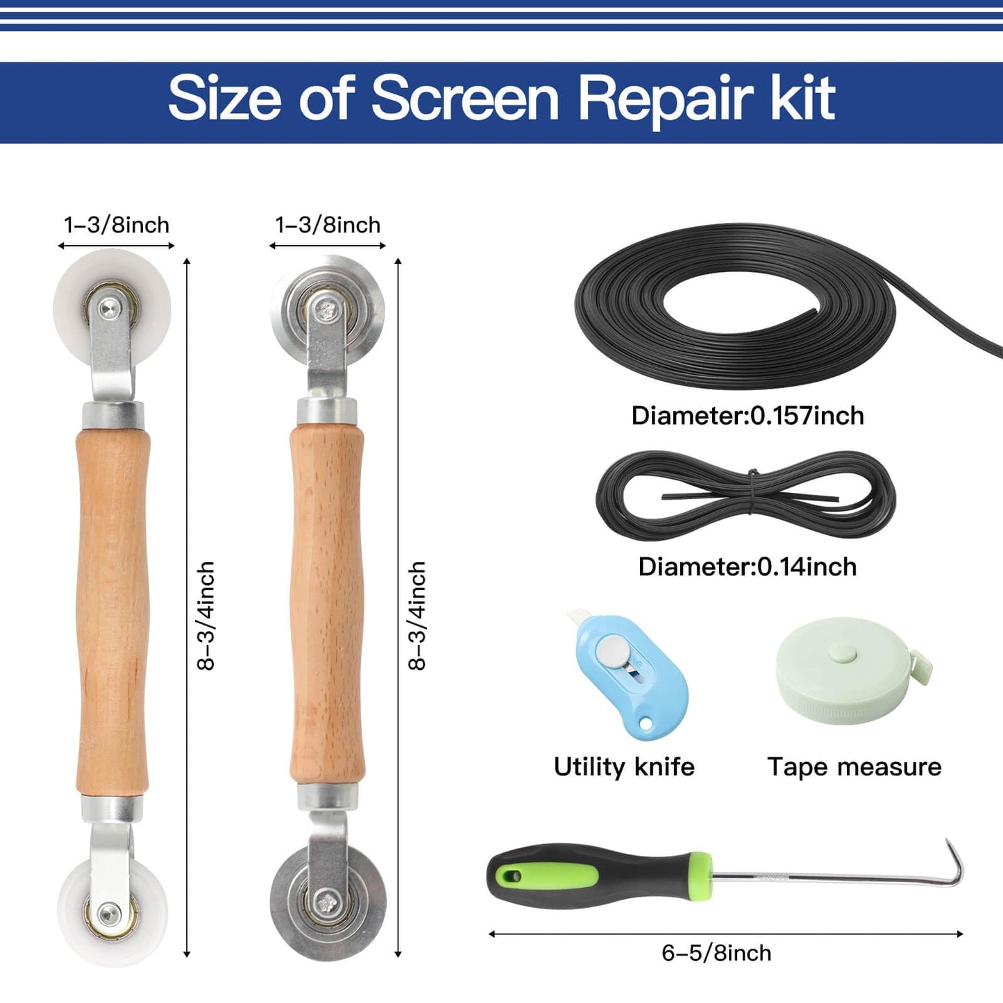Window Screen Door Repair Kit Include Window Screens Mesh 48"x118" with All Tools in Window Screen Replacement(2pcs Screen Rollers, Screen splines, Hook, Utility Knife and Ruler), Yolovit
