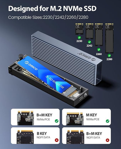 ORICO M.2 NVMe SSD Enclosure Aluminum Tool-Free Adapter, 10Gbps USB3.2 USB-C M2 Reader for M.2 PCIe NVMe M-Key 2230/2242/2260/2280 SSD, Thunderbolt 3 Compatible, External Case Support UASP Trim-BM2G2
